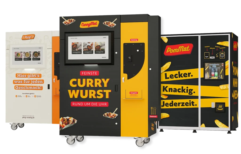 Darstellung der Automaten Pling!, Currymat und Pommat, bei denen es sich um Marken der Automatic Food Solutions GmbH handelt.